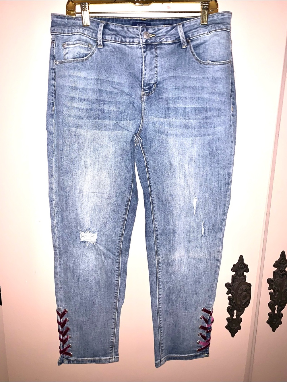 Kaari Blue Light Wash Straight Leg Jeans with Burgundy Lace-Up Hem